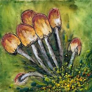 Party with Conocybe, original mini encaustic mushroom painting by Canadian artist Cindy Obuck at Effusion Art Gallery in Invermere, BC.