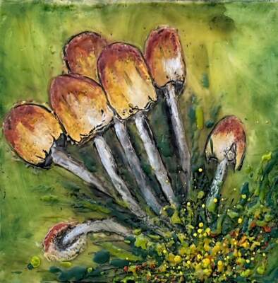 Party with Conocybe, original mini encaustic mushroom painting by Canadian artist Cindy Obuck at Effusion Art Gallery in Invermere, BC.