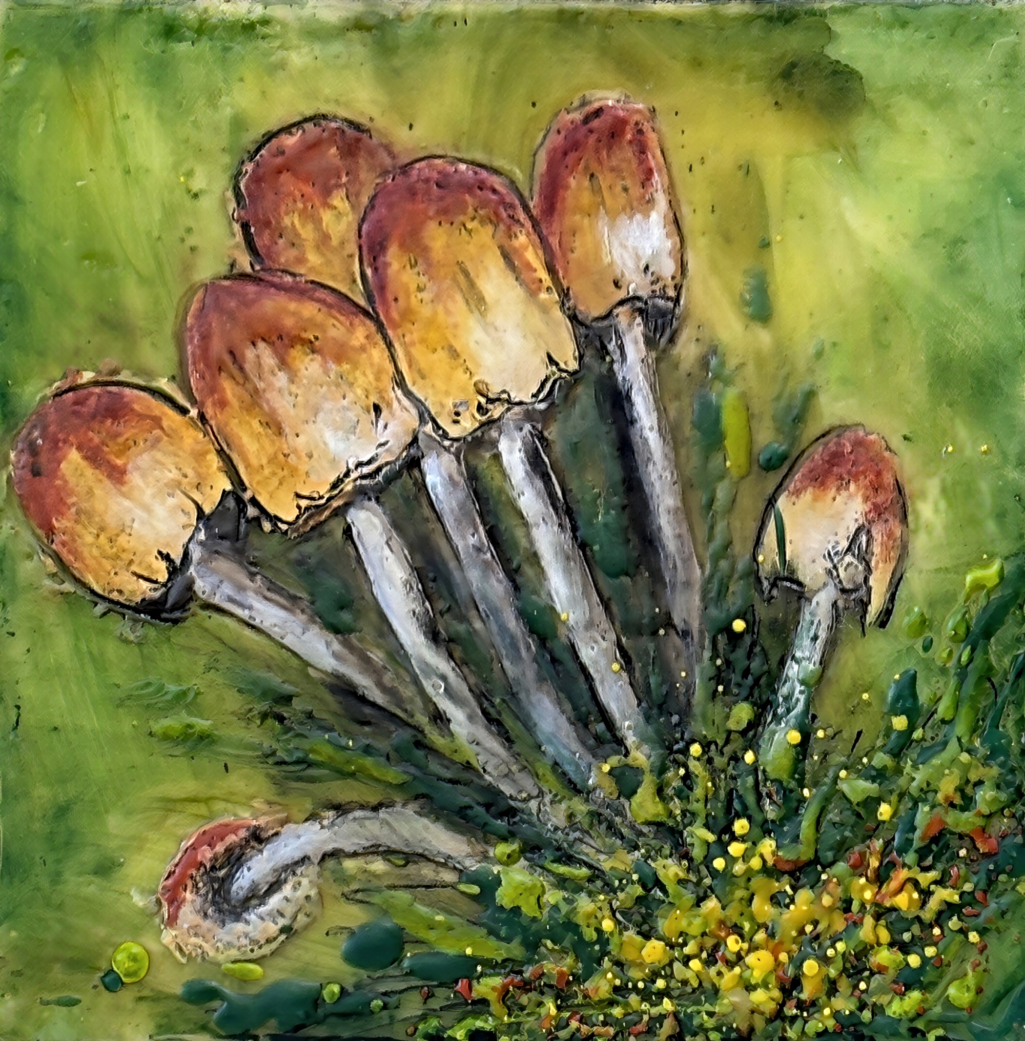 Party with Conocybe, original mini encaustic mushroom painting by Canadian artist Cindy Obuck at Effusion Art Gallery in Invermere, BC.