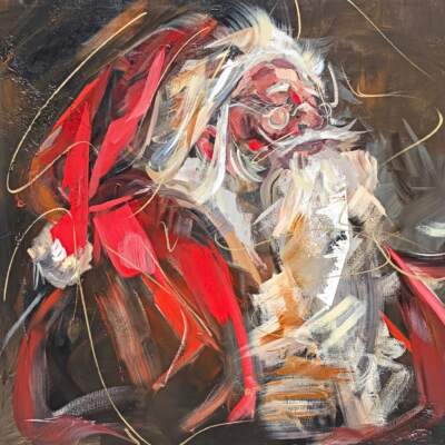 All is Calm, original acrylic vintage Santa painting by Canadian artist Laura Stevens at Effusion Art Gallery in Invermere, BC.