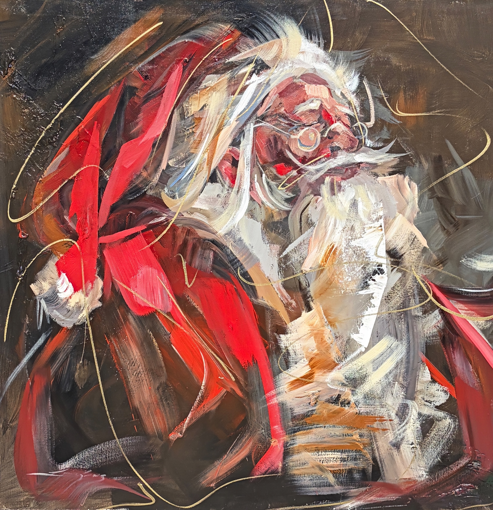 All is Calm, original acrylic vintage Santa painting by Canadian artist Laura Stevens at Effusion Art Gallery in Invermere, BC.