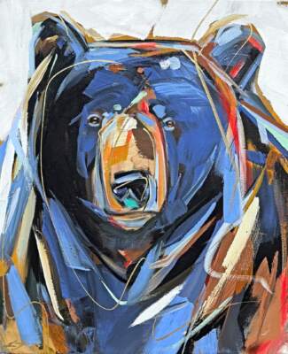 All of the Lights, original black bear painting by Canadian artist Laura Stevens at Effusion Art Gallery in Invermere, BC.