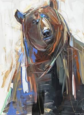 Best Intentions, original acrylic bear painting by Canadian artist Laura Stevens at Effusion Art Gallery in Invermere, BC.