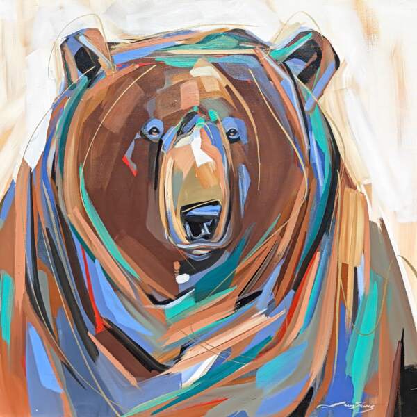Lavender Blue, original acrylic bear painting by Canadian artist Laura Stevens at Effusion Art Gallery in Invermere, BC.