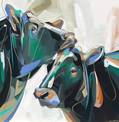 Moody Judy, original acrylic cow painting by Canadian artist Laura Stevens at Effusion Art Gallery in Invermere, BC.
