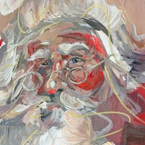 Wish List, original mini vintage Santa painting by Canadian artist Laura Stevens at Effusion Art Gallery in Invermere, BC.