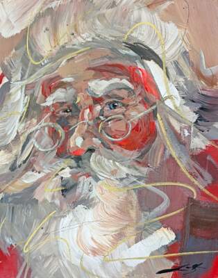 Wish List, original mini vintage Santa painting by Canadian artist Laura Stevens at Effusion Art Gallery in Invermere, BC.