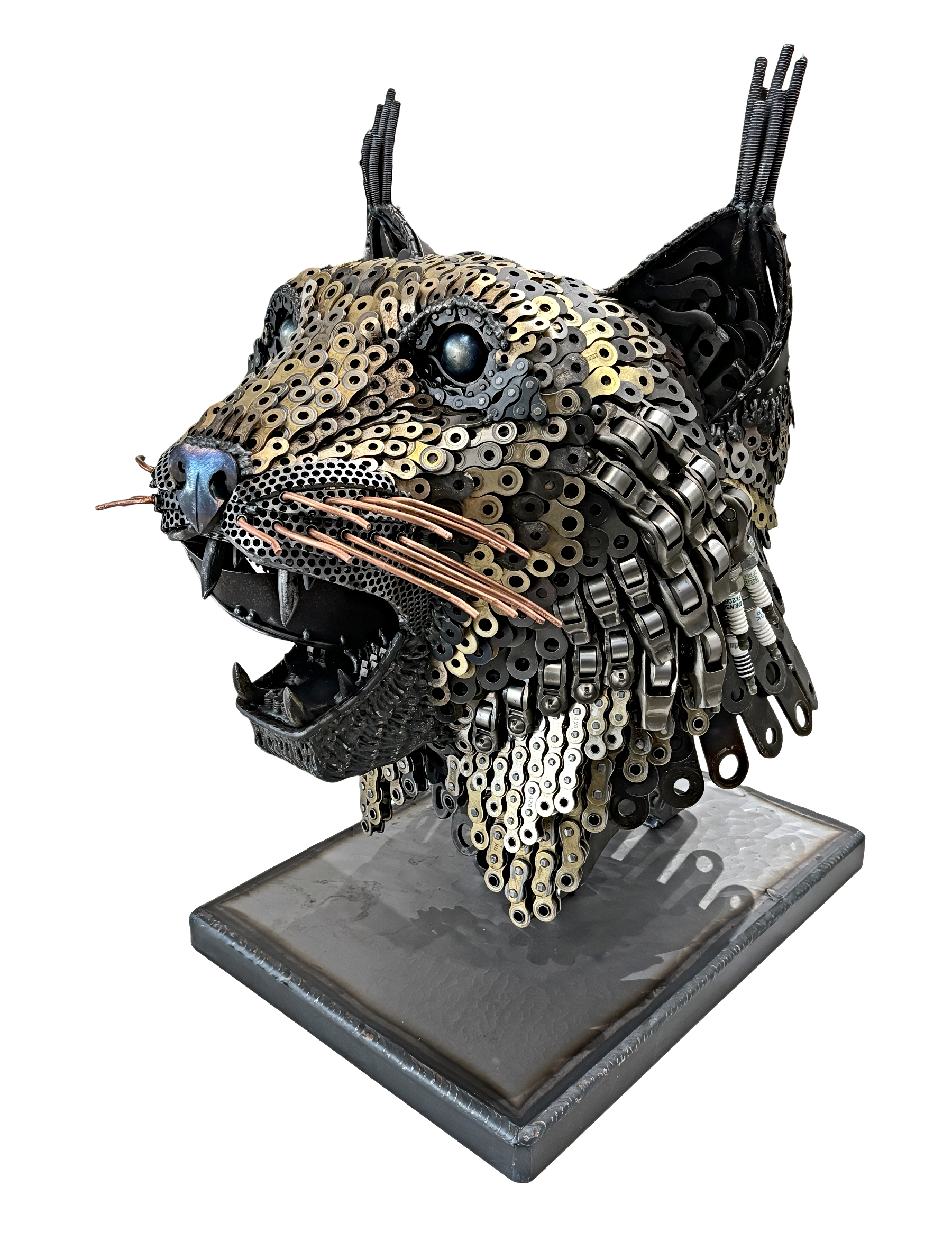Show Me the Bunny, original reclaimed steel lynx sculpture by Canadian metal artist Wendy Stone at Effusion Art Gallery in Invermere, BC.