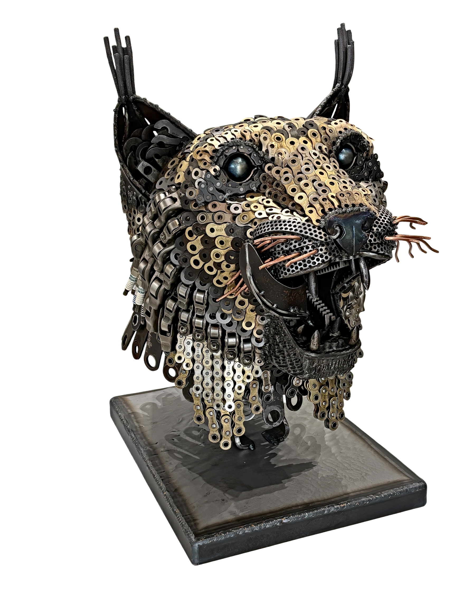 Show Me the Bunny, original reclaimed steel lynx sculpture by Canadian metal artist Wendy Stone at Effusion Art Gallery in Invermere, BC.