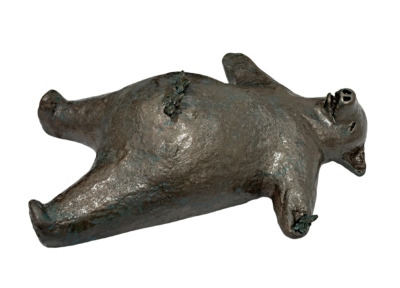 Butterfly Savasana, original mixed media sculpture of a friendly bear in the savasana yoga pose with his butterfly friends by Canadian artist Karin Taylor at Effusion Art Gallery in Invermere, BC.