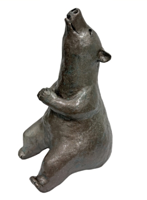 Chanting Om Bear, original mixed media sculpture of a friendly bear meditating by Canadian artist Karin Taylor at Effusion Art Gallery in Invermere, BC.