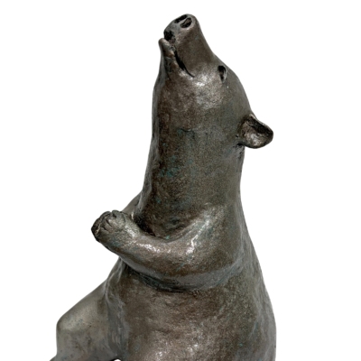 Chanting Om Bear, original mixed media sculpture of a friendly bear meditating by Canadian artist Karin Taylor at Effusion Art Gallery in Invermere, BC.