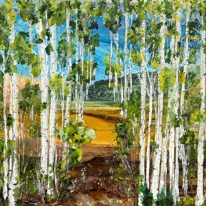 A Place to Breathe, original alcohol ink painting of aspen trees by Canadian artist Paulina Tokarski at Effusion Art Gallery in Invermere, BC.