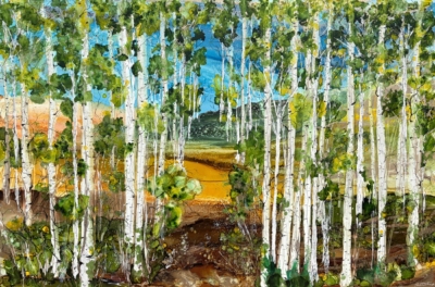 A Place to Breathe, original alcohol ink painting of aspen trees by Canadian artist Paulina Tokarski at Effusion Art Gallery in Invermere, BC.