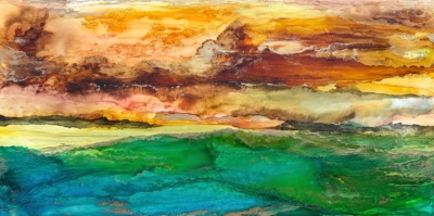 Afterglow, original alcohol ink abstract sunset painting by Canadian artist Paulina Tokarski at Effusion Art Gallery in Invermere, BC.