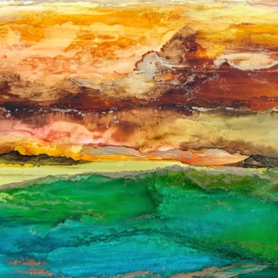Afterglow, original alcohol ink abstract sunset painting by Canadian artist Paulina Tokarski at Effusion Art Gallery in Invermere, BC.