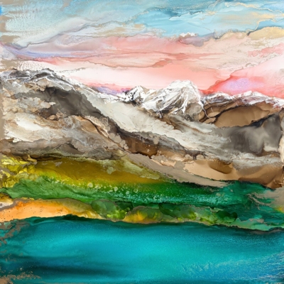Quiet Wonder, original alcohol ink local landscape painting of Chisel Peak at sunset by Canadian artist Paulina Tokarski at Effusion Art Gallery in Invermere, BC.