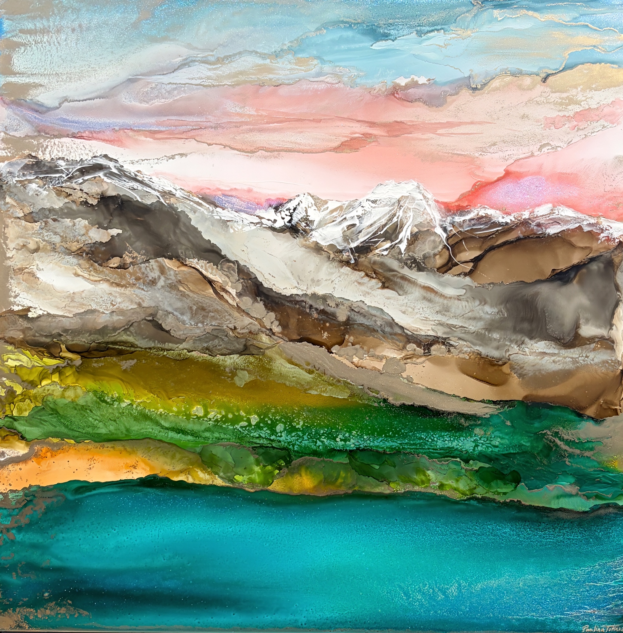 Quiet Wonder, original alcohol ink local landscape painting of Chisel Peak at sunset by Canadian artist Paulina Tokarski at Effusion Art Gallery in Invermere, BC.