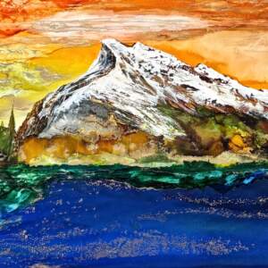 Radiant Rundle, original alcohol ink landscape painting of Mount Rundle in Banff National Park at sunset by Canadian artist Paulina Tokarski at Effusion Art Gallery in Invermere, BC.