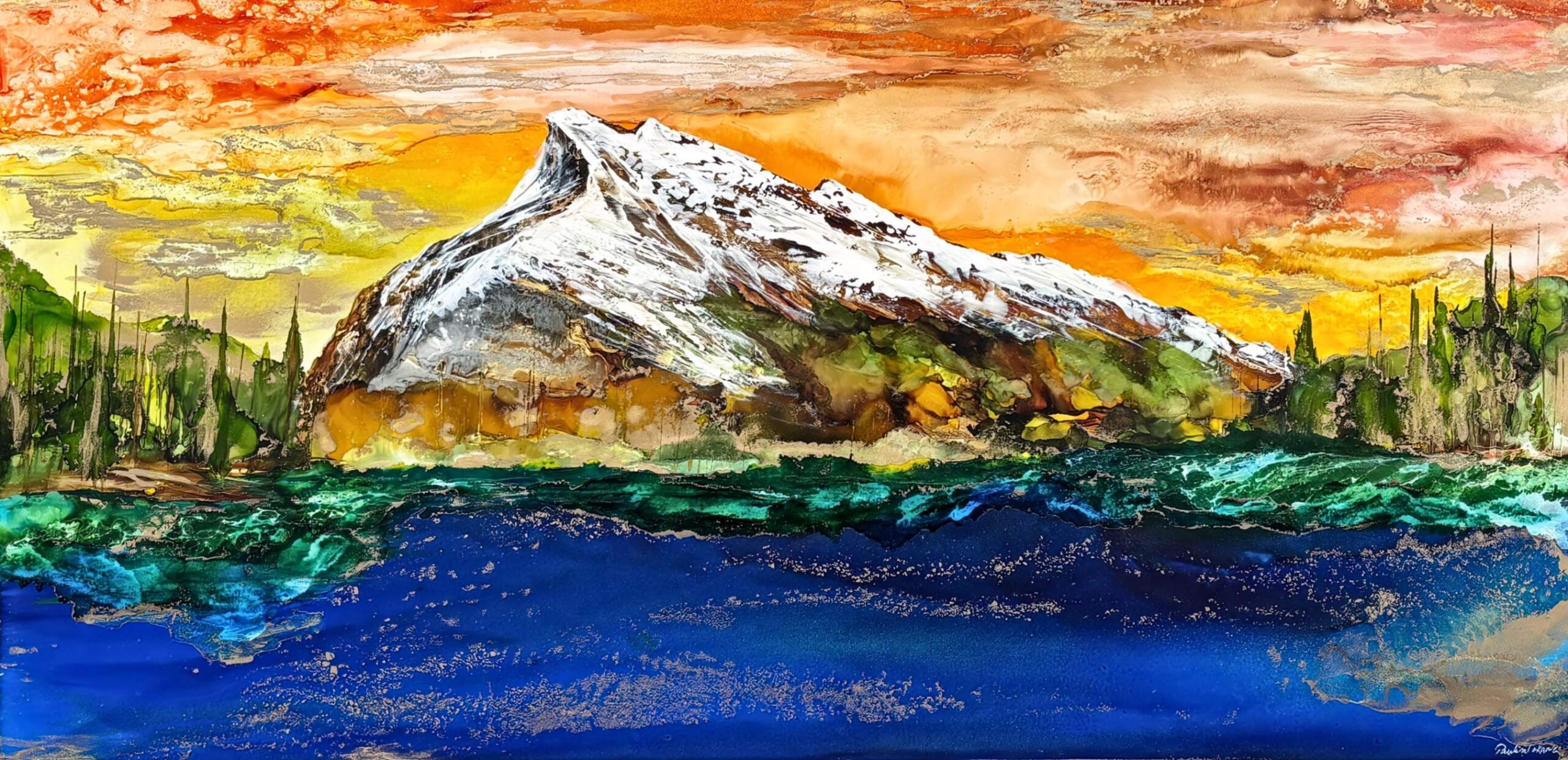 Radiant Rundle, original alcohol ink landscape painting of Mount Rundle in Banff National Park at sunset by Canadian artist Paulina Tokarski at Effusion Art Gallery in Invermere, BC.