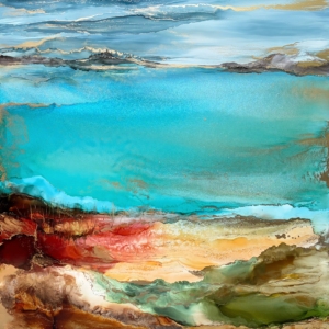 Tranquility, original alcohol ink abstract landscape painting by Canadian artist Paulina Tokarski at Effusion Art Gallery in Invermere, BC.