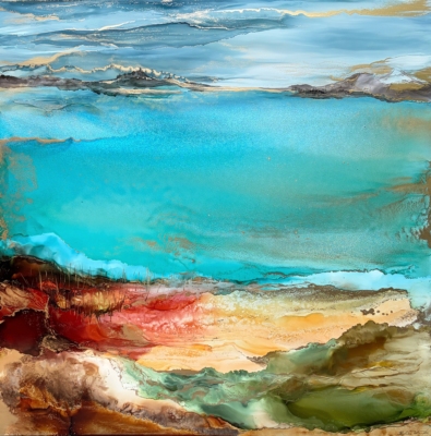 Tranquility, original alcohol ink abstract landscape painting by Canadian artist Paulina Tokarski at Effusion Art Gallery in Invermere, BC.
