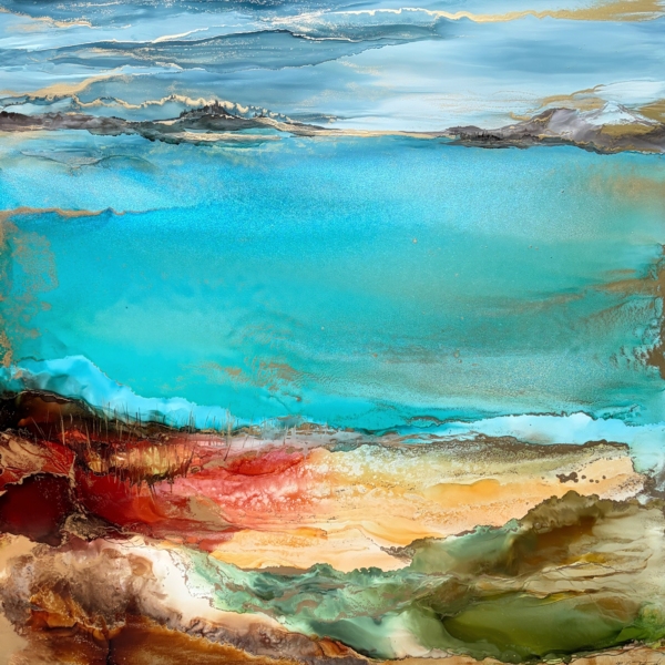 Tranquility, original alcohol ink abstract landscape painting by Canadian artist Paulina Tokarski at Effusion Art Gallery in Invermere, BC.