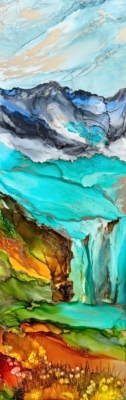 Where Magic Lingers, original alcohol ink abstract Rocky Mountain landscape painting by Canadian artist Paulina Tokarski at Effusion Art Gallery in Invermere, BC.