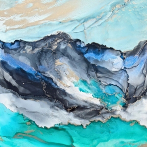 Where Magic Lingers, original alcohol ink abstract Rocky Mountain landscape painting by Canadian artist Paulina Tokarski at Effusion Art Gallery in Invermere, BC.