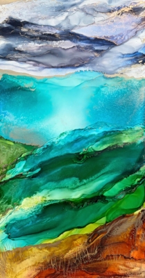 Wild Radiance, original alcohol ink abstract landscape painting by Canadian artist Paulina Tokarski at Effusion Art Gallery in Invermere, BC.