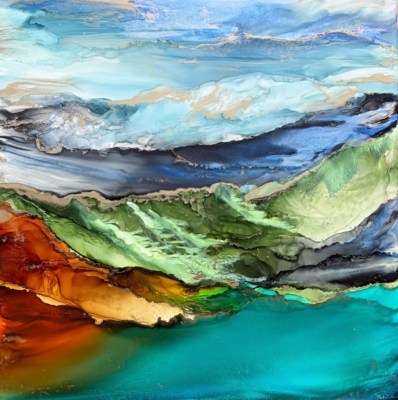Wonder Rising, original alcohol ink abstract landscape painting of the Rocky Mountains by Canadian artist Paulina Tokarski at Effusion Art Gallery in Invermere, BC.