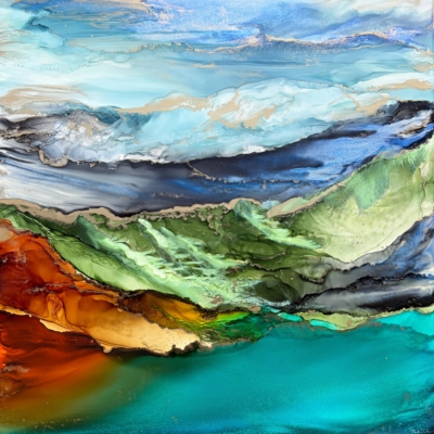 Wonder Rising, original alcohol ink abstract landscape painting of the Rocky Mountains by Canadian artist Paulina Tokarski at Effusion Art Gallery in Invermere, BC.