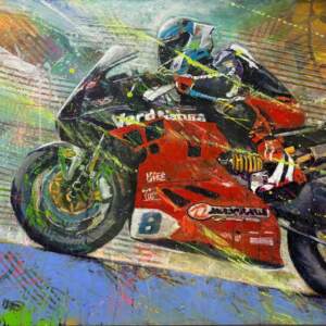 Disrupted Ducati, original acrylic painting go a motorcyclist on a red Ducati motorbike by Canadian artist John Webster at Effusion Art Gallery in Invermere, BC.
