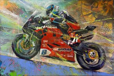 Disrupted Ducati, original acrylic painting go a motorcyclist on a red Ducati motorbike by Canadian artist John Webster at Effusion Art Gallery in Invermere, BC.