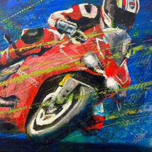 Ducati Disrupted, original acrylic painting go a motorcyclist on a red Ducati motorbike by Canadian artist John Webster at Effusion Art Gallery in Invermere, BC.
