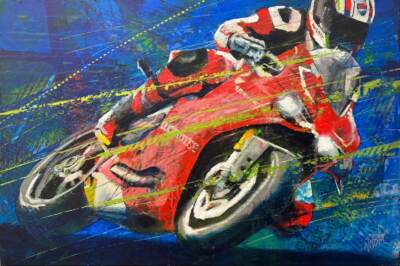 Ducati Disrupted, original acrylic painting go a motorcyclist on a red Ducati motorbike by Canadian artist John Webster at Effusion Art Gallery in Invermere, BC.