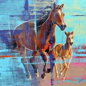 Morning Run, original acrylic painting of a running horse and colt by Canadian artist John Webster at Effusion Art Gallery in Invermere, BC.