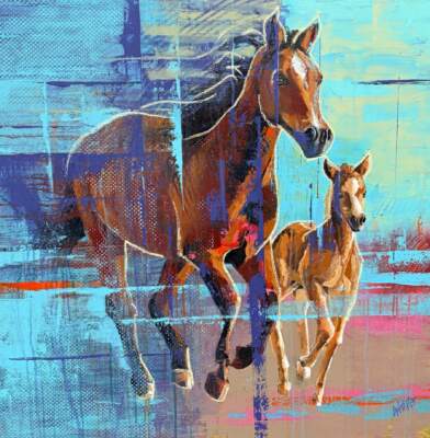 Morning Run, original acrylic painting of a running horse and colt by Canadian artist John Webster at Effusion Art Gallery in Invermere, BC.