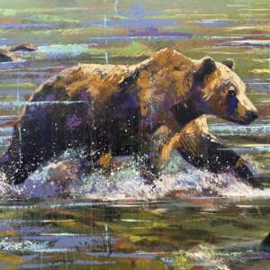 Morning Run Rundle, original acrylic grizzly bear painting by Canadian artist John Webster at Effusion Art Gallery in Invermere, BC.