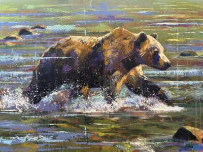 Morning Run Rundle, original acrylic grizzly bear painting by Canadian artist John Webster at Effusion Art Gallery in Invermere, BC.