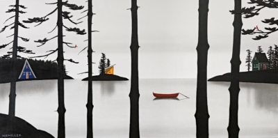 Between Breaks original mixed media quiet lake landscape painting at Effusion Art Gallery in Invermere, BC.