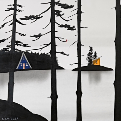 Between Breaks original mixed media quiet lake landscape painting at Effusion Art Gallery in Invermere, BC.