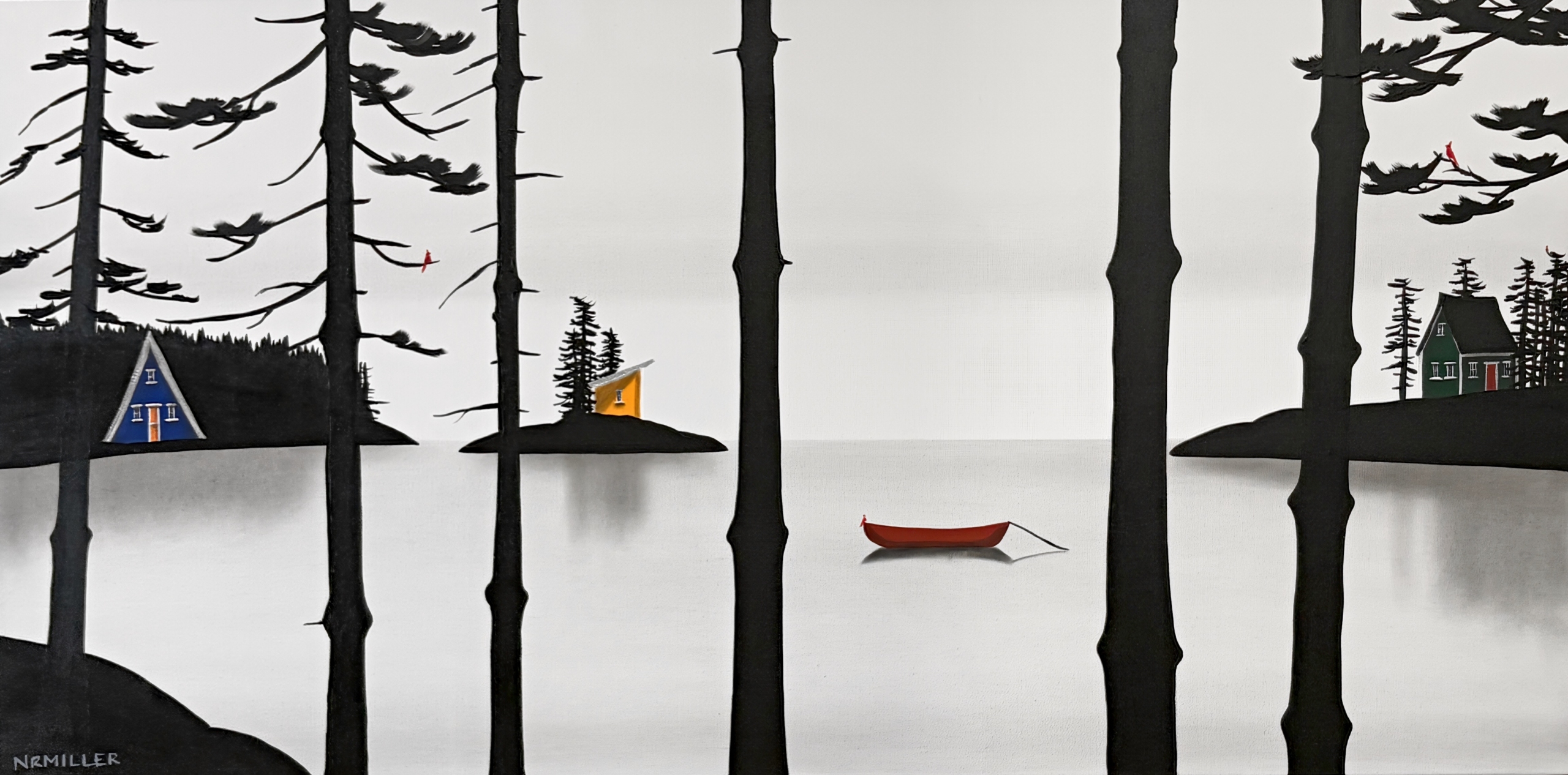 Between Breaks original mixed media quiet lake landscape painting at Effusion Art Gallery in Invermere, BC.