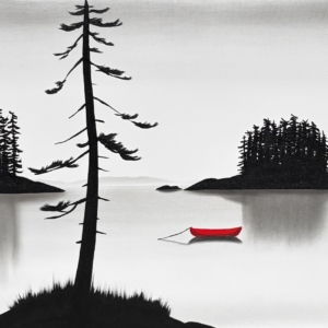 Final Frontiers, original mixed media quiet lake landscape painting at Effusion Art Gallery in Invermere, BC.
