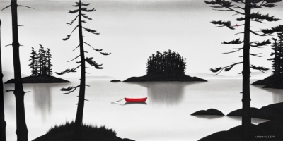 Final Frontiers, original mixed media quiet lake landscape painting at Effusion Art Gallery in Invermere, BC.