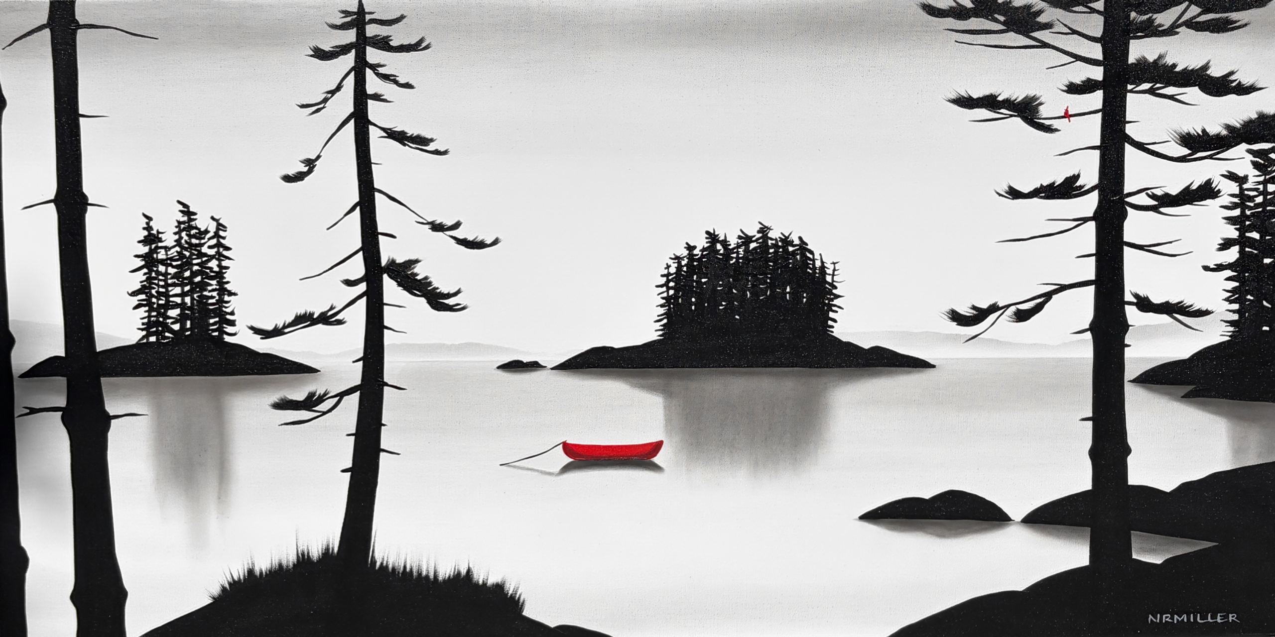 Final Frontiers, original mixed media quiet lake landscape painting at Effusion Art Gallery in Invermere, BC.