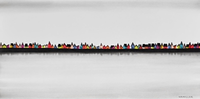 The Chorus Line, original mixed media painting of tiny houses at Effusion Art Gallery in Invermere, BC.