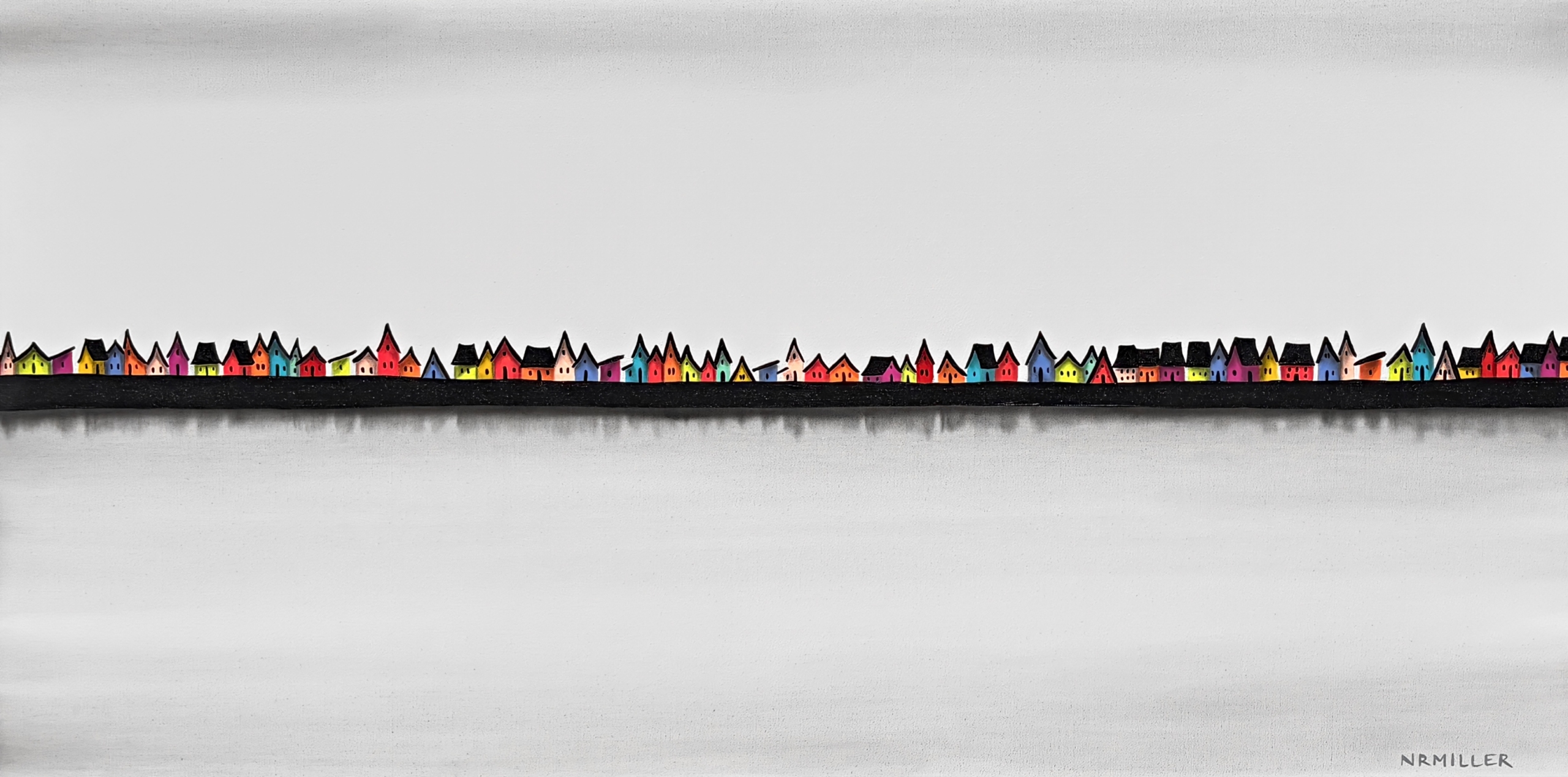 The Chorus Line, original mixed media painting of tiny houses at Effusion Art Gallery in Invermere, BC.