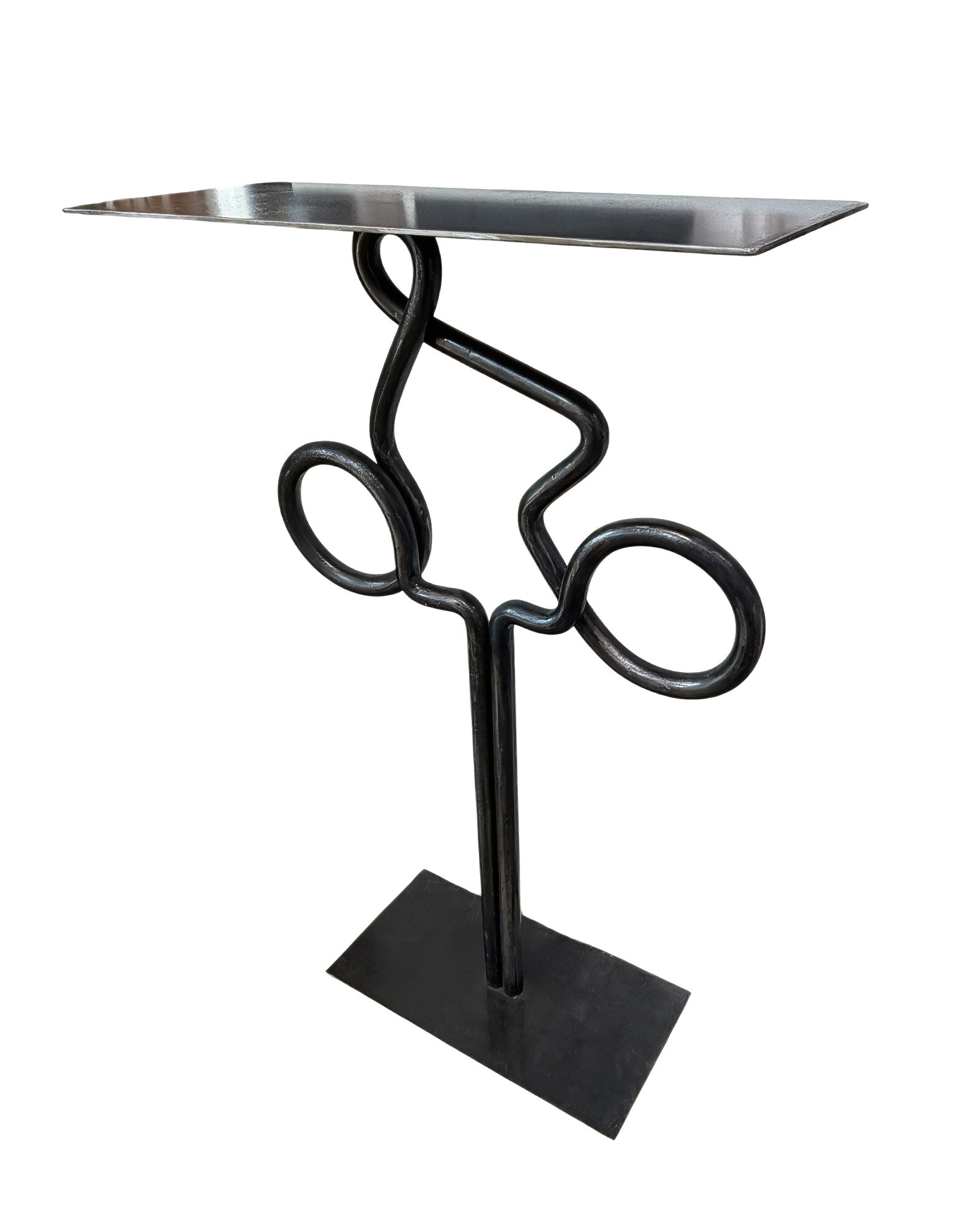 Clear View 1, one-of-a-kind steel cyclist table by Canadian metal artist Paul Reimer at Effusion Art Gallery in Invermere, BC.