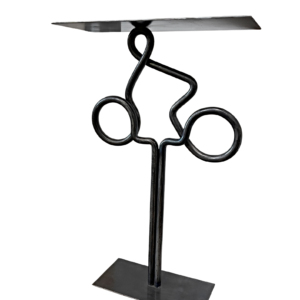 Clear View 1, one-of-a-kind steel cyclist table by Canadian metal artist Paul Reimer at Effusion Art Gallery in Invermere, BC.